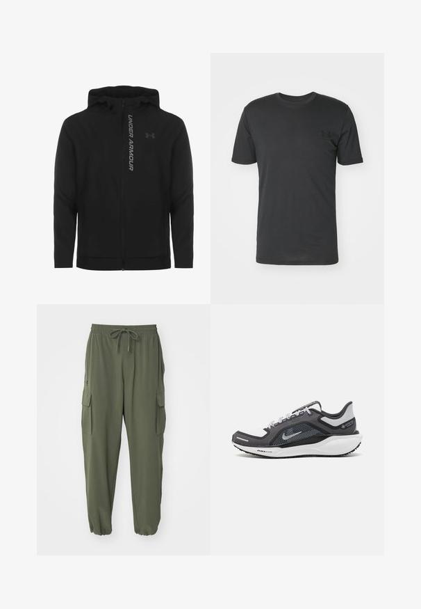 Sort lynlås hættejakke lavet af blødt, letvægtsmateriale. Har et reflekterende "UNDER ARMOUR"-logo og en glat overflade.; Sort kortærmet t-shirt lavet af bomuld, med en rund halsudskæring og et lille sort logo på venstre brystområde.; Olivenfarvede cargo-bukser lavet af blødt stof, med elastisk talje, snøre og flere sidelommer. Afslutningerne er tapered.; Sort og grå atletisk sko med en mesh-overdel, reflekterende detaljer og en hvid mellemsål. Har en tekstureret gummisål og snørebånd.