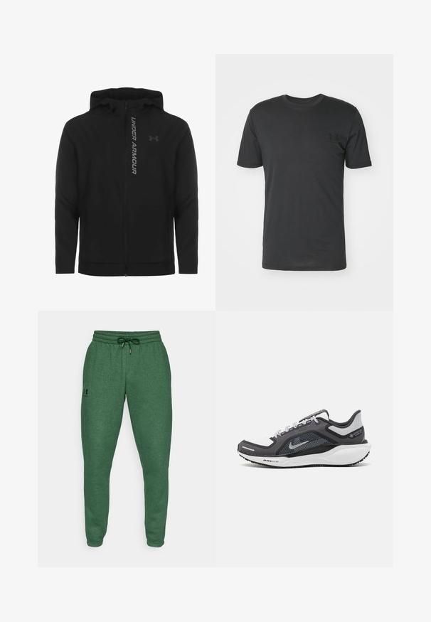 Black zip-up hooded jacket made of soft, lightweight material. Features reflective "UNDER ARMOUR" logo and a smooth texture.; Black short-sleeve t-shirt made of cotton, featuring a round neckline and a small black logo on the left chest area.; Green jogger pants in a soft, textured fabric. Features an elastic waistband with a drawstring and a small logo on the side.; Black and gray athletic shoe with a mesh upper, reflective accents, and a white midsole. Features textured rubber outsole and laces.