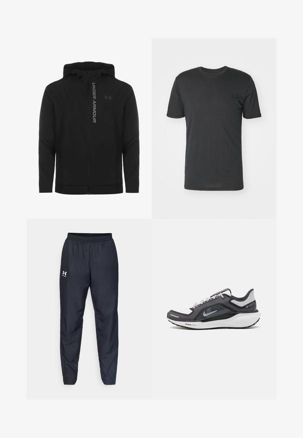 Chaqueta con capucha y cremallera negra hecha de material suave y ligero. Presenta un logotipo reflectante de "UNDER ARMOUR" y una textura lisa.; Camiseta de algodón negra de manga corta, con escote redondo y un pequeño logotipo negro en el área del pecho izquierdo.; Pantalones deportivos negros con cinturilla elástica, piernas ajustadas y un logo blanco en el lateral. Fabricados con un tejido ligero y duradero.; Zapatilla deportiva negro y gris con parte superior de malla, acentos reflectantes y una entresuela blanca. Presenta una suela de goma texturizada y cordones.