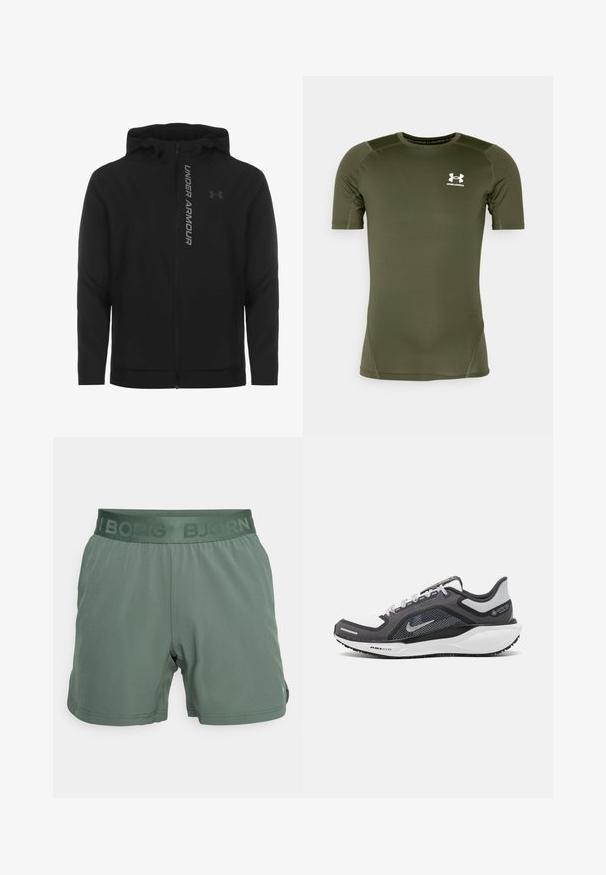 Must must erineva kapuutsiga jakk, mis on valmistatud pehmest ja kergest materjalist. Omab peegeldavat "UNDER ARMOUR" logo ja sujuvat tekstuuri.; Olive rohelise värvi lühikeste varrukatega spordipait, mis on valmistatud siledast ja venivast kangast. Esiküljel on valge Under Armouri logo ning lamedad õmblused.; Roheline spordilühike püksid sileda kangaga. Omavad paindlikku vöökohta, millel on "BJÖRN" logo. Sirge lõige ja külgedel lõhikud hemmi juures.; Mustern ja hallide värvusega spordijalats, millel on võrgusilmast ülemine osa, peegeldavad aktsendid ja valge vaheosa. Omab tekstuuriga kummist välisosa ja kingapaelu.