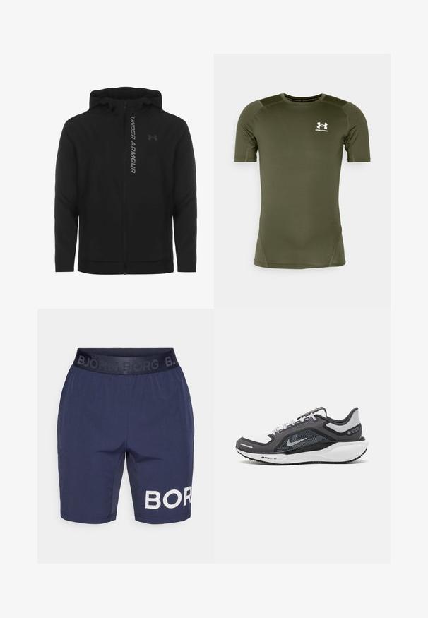 Černá zipová mikina s kapucí vyrobená z měkkého, lehkého materiálu. Obsahuje odrazový logo "UNDER ARMOUR" a hladkou texturu.; Olivově zelené sportovní tričko s krátkým rukávem vyrobené z hladkého, elastického materiálu. Obsahuje bílé logo Under Armour na hrudi a ploché švy.; Navy šortky s černým elastickým pasem, na kterém je vystouplý text "BJÖRN BORG". Na pravé noze se nachází velké bílé tečkované logo "BOR".; Černá a šedá sportovní obuv s vrškem z prodyšné síťoviny, reflexními akcenty a bílou mezipodešví. Obsahuje texturovanou gumovou podrážku a tkaničky.
