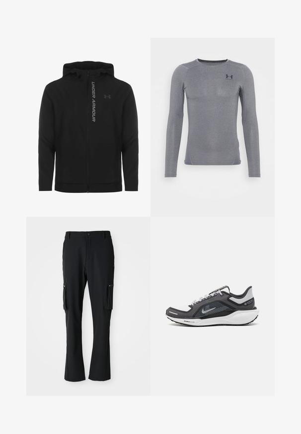 Sort lynlås hættejakke lavet af blødt, letvægtsmateriale. Har et reflekterende "UNDER ARMOUR"-logo og en glat overflade.; Langærmet atletisk top i mørkegrå, lavet af et glat, strækbart stof med subtil glans og flade sømme; har lille logo på brystet.; Sorte cargo-bukser lavet af letvægtsstof, der har to sidelommer, knaplukning og et lige ben-design.; Sort og grå atletisk sko med en mesh-overdel, reflekterende detaljer og en hvid mellemsål. Har en tekstureret gummisål og snørebånd.