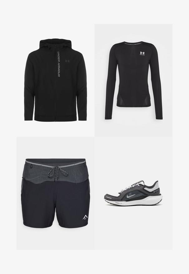 Svart zip-up huva jacka gjord av mjukt, lätt material. Har reflektiv "UNDER ARMOUR"-logotyp och en slät textur.; Svart långärmad sporttröja i ett slätt och lätt tyg. Har en figursydd design och mesh-sidpaneler. Under Armour-logotyp på bröstet.; Svarta sportshorts med en grå midja, snörning och meshdetaljer. Har en vit logotyp på nedre högra sidan. Lättviktsmaterial.; Svart och grå atletisk sko med ovandel i mesh, reflexdetaljer och en vit mellansula. Har en strukturerad gummisula och skosnören.