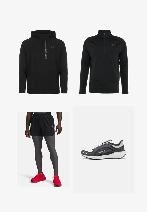 Must must erineva kapuutsiga jakk, mis on valmistatud pehmest ja kergest materjalist. Omab peegeldavat "UNDER ARMOUR" logo ja sujuvat tekstuuri.; Must musta varrukatega pullover, millel on poole tõmblukuga kaelus, valmistatud siledast ja venivast kangast, millel on rindkere peene logo.; Mustad sportlikud lühikesed püksid hallide retuuside peal, mida täiendab punased jooksujalanõud. Lühikesed püksid on valmistatud kergest materjalist ja neil on peened külgslitsid.; Mustern ja hallide värvusega spordijalats, millel on võrgusilmast ülemine osa, peegeldavad aktsendid ja valge vaheosa. Omab tekstuuriga kummist välisosa ja kingapaelu.