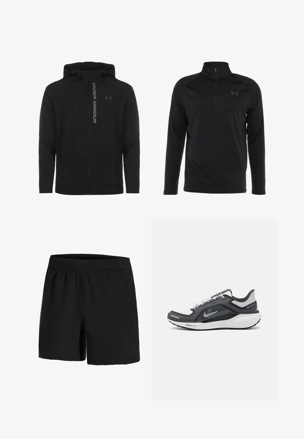 Must must erineva kapuutsiga jakk, mis on valmistatud pehmest ja kergest materjalist. Omab peegeldavat "UNDER ARMOUR" logo ja sujuvat tekstuuri.; Must musta varrukatega pullover, millel on poole tõmblukuga kaelus, valmistatud siledast ja venivast kangast, millel on rindkere peene logo.; Mustad mustused sportlikud lühikesed püksid laia elastse vöökoha, sileda tekstuuri ja küljetaskutega. Suunatud mugavusele ja liikumisvabadusele.; Mustern ja hallide värvusega spordijalats, millel on võrgusilmast ülemine osa, peegeldavad aktsendid ja valge vaheosa. Omab tekstuuriga kummist välisosa ja kingapaelu.