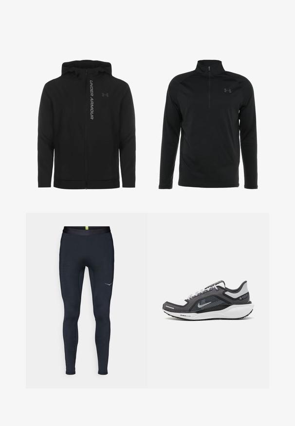 Melnā ar rāvējslēdzēju aizverama kapučjaka, kas izgatavota no mīksta, viegla materiāla. Tam ir atstarojošs "UNDER ARMOUR" logotips un gluda virsma.; Melna garo piedurknu puloveršvaka ar puscimda kokvilnas apkakli, izgatavota no gludas, elastīgas auduma, ar diskrētu logotipu uz krūtīm.; Jūras spēku sporta legingi, izgatavoti no elastīga auduma, ar gludu jostu, šauru piegriezumu un atstarojošu logo sānos.; Melnas un pelēkas sporta kurpes ar tīklu augšdaļu, atstarojošiem akcentiem un baltu starpzoli. Aprīkotas ar teksturētu gumijas zoli un šņorēm.