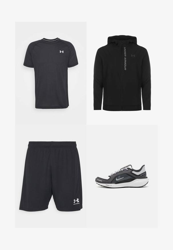 Chaqueta con capucha y cremallera negra hecha de material suave y ligero. Presenta un logotipo reflectante de "UNDER ARMOUR" y una textura lisa.; Under Armour STREAKER - Camiseta deportiva - black; Pantalones cortos deportivos negros hechos de una tela suave con una cinturilla elástica. Presenta un logo en plata en la parte inferior derecha.; Zapatilla deportiva negro y gris con parte superior de malla, acentos reflectantes y una entresuela blanca. Presenta una suela de goma texturizada y cordones.