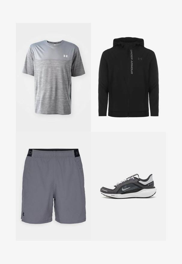 Chaqueta con capucha y cremallera negra hecha de material suave y ligero. Presenta un logotipo reflectante de "UNDER ARMOUR" y una textura lisa.; Camiseta deportiva gris hecha de tela transpirable. Presenta un panel superior liso, un cuerpo inferior texturizado y el logo de Under Armour en el pecho.; Pantalones cortos deportivos grises hechos de una tela ligera, con una cinturilla elástica con detalles en negro y bolsillos laterales. Diseño simple sin patrones.; Zapatilla deportiva negro y gris con parte superior de malla, acentos reflectantes y una entresuela blanca. Presenta una suela de goma texturizada y cordones.