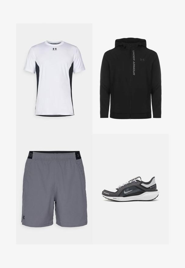Chaqueta con capucha y cremallera negra hecha de material suave y ligero. Presenta un logotipo reflectante de "UNDER ARMOUR" y una textura lisa.; Under Armour CHALLENGER PRO SS - Camiseta deportiva - white/black; Pantalones cortos deportivos grises hechos de una tela ligera, con una cinturilla elástica con detalles en negro y bolsillos laterales. Diseño simple sin patrones.; Zapatilla deportiva negro y gris con parte superior de malla, acentos reflectantes y una entresuela blanca. Presenta una suela de goma texturizada y cordones.