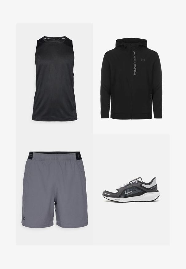 Musta vetoketjulla varustettu huppari, joka on valmistettu pehmeästä ja kevyestä materiaalista. Varustettu heijastavalla "UNDER ARMOUR" -logolla ja sileällä pinnalla.; Musta hihaton urheilullinen tank-top, valmistettu sileästä ja kevyestä kankaasta, jossa on pyöreä pääntie ja minimalistinen muotoilu ilman koristeita.; Harmaat urheilu shortsit kevyestä kankaasta, joissa on joustava vyötärö mustilla yksityiskohdilla ja sivutaskut. Yksinkertainen muotoilu ilman kuvioita.; Musta ja harmaa urheilukenka, jossa on verkkopäällinen, heijastavat yksityiskohdat ja valkoinen välipohja. Varustettu kuvioidulla kumipohjalla ja nauhoilla.