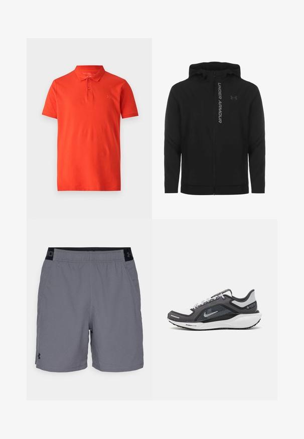 Sort lynlås hættejakke lavet af blødt, letvægtsmateriale. Har et reflekterende "UNDER ARMOUR"-logo og en glat overflade.; Rød polo T-shirt lavet af glat bomuld med klassisk krave, kortærmer og tre knapper ved halsen. Simple broderet logo på brystet.; Grå atletikshorts i letvægtsstof med elastisk talje og sorte detaljer samt sidelommer. Enkelt design uden mønstre.; Sort og grå atletisk sko med en mesh-overdel, reflekterende detaljer og en hvid mellemsål. Har en tekstureret gummisål og snørebånd.