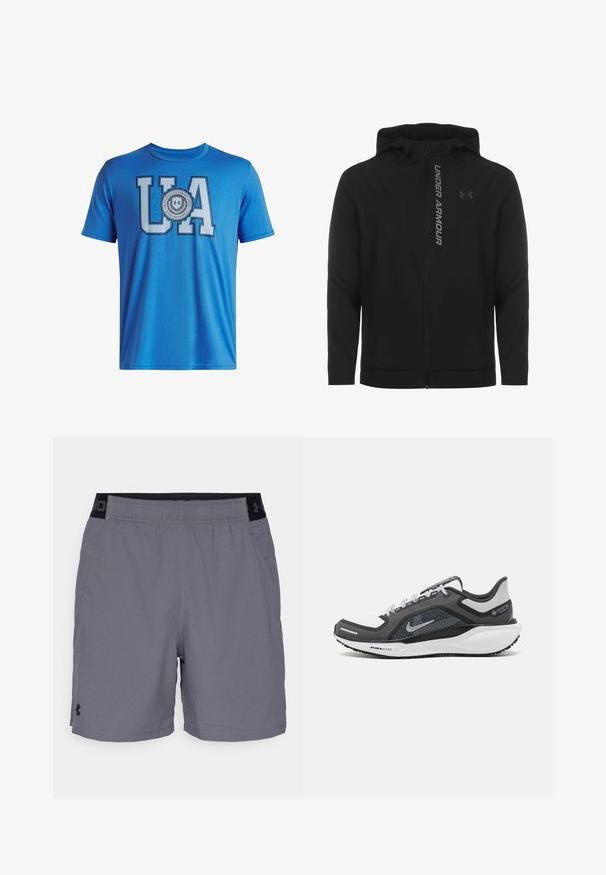 Juodas zip-up gobtuvu džemperis, pagamintas iš minkštos, lengvos medžiagos. Yra atspindintis "UNDER ARMOUR" logotipas ir glotni tekstūra.; Mėlynas medvilnės marškinėliai su dideliais "UA" rašmenimis ir apvaliame ženkle po jais. Trumpomis rankovėmis ir apvaliomis iškirptėmis. Slydus paviršius.; Pilki sportiniai šortai pagaminti iš lengvo audinio, su elastine juosta juodais akcentais ir šoninėmis kišenėmis. Paprastas dizainas be raštų.; Juodas ir pilkas sportinis batelis su tinkleliu viršuje, atspindinčiais akcentais ir balta vidurinė dalimi. Yra tekstūruota guminė išorinė pada ir raišteliai.