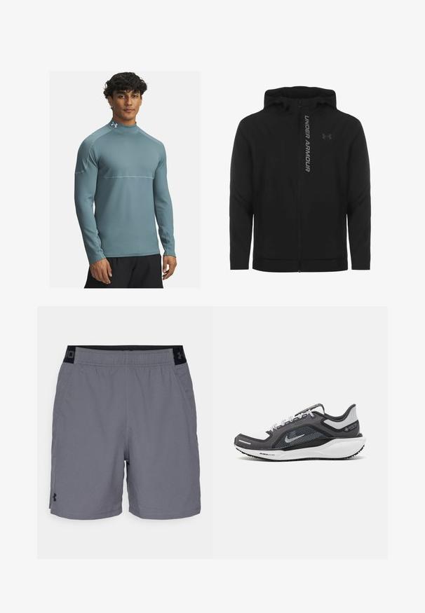 Giacca a zip nera con cappuccio realizzata in materiale morbido e leggero. Presenta il logo riflettente "UNDER ARMOUR" e una texture liscia.; Maglietta atletica a maniche lunghe di colore azzurro chiaro con colletto alto, tessuto strutturato e cuciture a contrasto, indossata da un uomo.; Pantaloni sportivi grigi realizzati in tessuto leggero, con un elastico in vita con accenti neri e tasche laterali. Design semplice senza pattern.; Scarpa da ginnastica nera e grigia con tomaia in rete, dettagli riflettenti e intersuola bianca. Presenta una suola in gomma testurizzata e lacci.