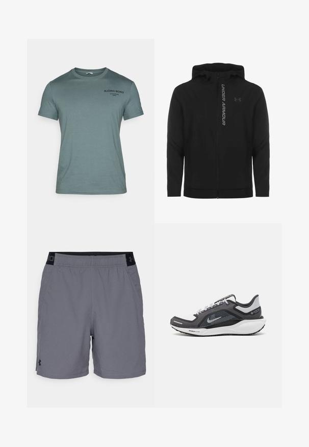 Melnā ar rāvējslēdzēju aizverama kapučjaka, kas izgatavota no mīksta, viegla materiāla. Tam ir atstarojošs "UNDER ARMOUR" logotips un gluda virsma.; Gaiši zaļa kokvilnas t-krekls ar apaļu kakla izgriezumu, īsām piedurknēm un melniem uzdrukātiem tekstiem uz krūtīm. Vienkāršs dizains, gluda tekstūra.; Pelēki sporta šorti, izgatavoti no viegla auduma, ar elastīgu jostasvietu un melnu akcentu, kā arī sānu kabatām. Vienkāršs dizains bez rakstiem.; Melnas un pelēkas sporta kurpes ar tīklu augšdaļu, atstarojošiem akcentiem un baltu starpzoli. Aprīkotas ar teksturētu gumijas zoli un šņorēm.