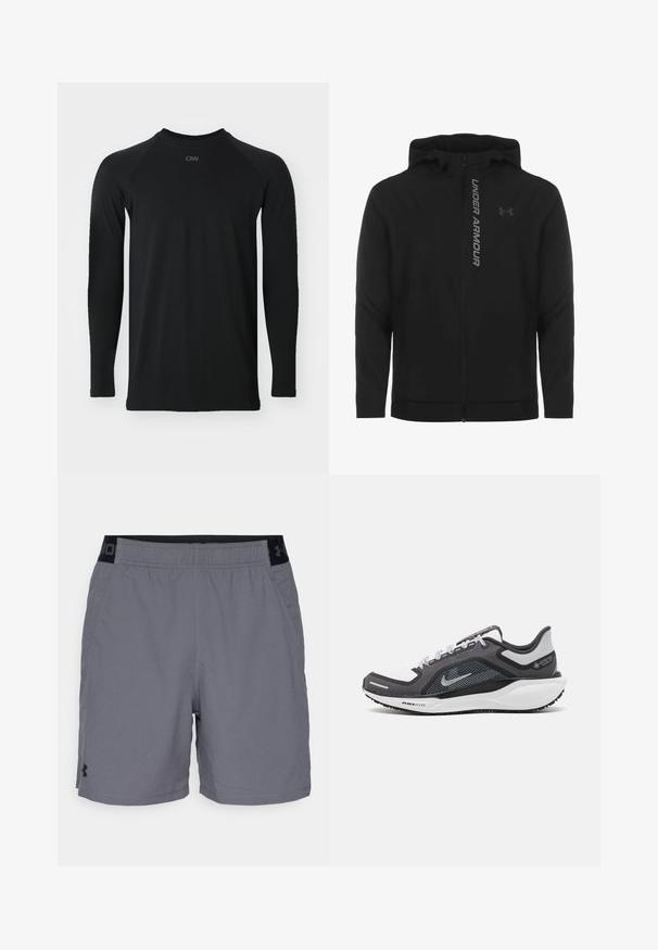 Juodas zip-up gobtuvu džemperis, pagamintas iš minkštos, lengvos medžiagos. Yra atspindintis "UNDER ARMOUR" logotipas ir glotni tekstūra.; Juodas ilgomis rankovėmis marškinėliai su apvalia iškirpte, pagaminti iš lygaus, patvaraus audinio; turi raglan tipo rankoves ir subtilų toninį prekės ženklą prie iškirptės.; Pilki sportiniai šortai pagaminti iš lengvo audinio, su elastine juosta juodais akcentais ir šoninėmis kišenėmis. Paprastas dizainas be raštų.; Juodas ir pilkas sportinis batelis su tinkleliu viršuje, atspindinčiais akcentais ir balta vidurinė dalimi. Yra tekstūruota guminė išorinė pada ir raišteliai.