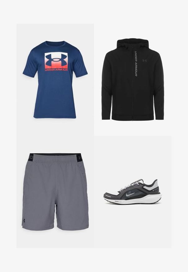 Chaqueta con capucha y cremallera negra hecha de material suave y ligero. Presenta un logotipo reflectante de "UNDER ARMOUR" y una textura lisa.; Camiseta de manga corta azul marino hecha de una tela suave, con un gran logo de Under Armour en blanco y rojo en la parte frontal.; Pantalones cortos deportivos grises hechos de una tela ligera, con una cinturilla elástica con detalles en negro y bolsillos laterales. Diseño simple sin patrones.; Zapatilla deportiva negro y gris con parte superior de malla, acentos reflectantes y una entresuela blanca. Presenta una suela de goma texturizada y cordones.