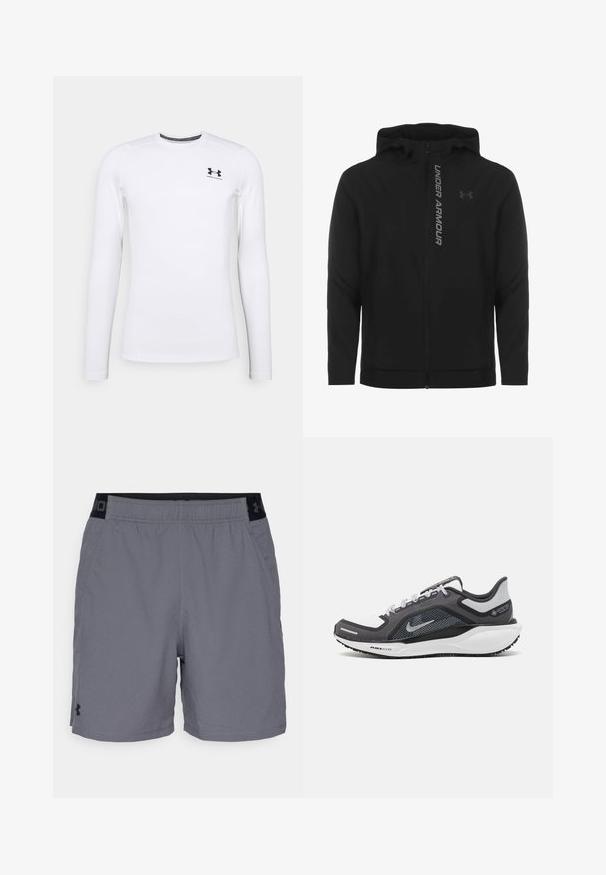 Melnā ar rāvējslēdzēju aizverama kapučjaka, kas izgatavota no mīksta, viegla materiāla. Tam ir atstarojošs "UNDER ARMOUR" logotips un gluda virsma.; Balts garais piedurknes sporta krekls, kas izgatavots no gludas auduma, ar apaļu kakla izgriezumu un mazu melnu logo kreisajā augšējā stūrī.; Pelēki sporta šorti, izgatavoti no viegla auduma, ar elastīgu jostasvietu un melnu akcentu, kā arī sānu kabatām. Vienkāršs dizains bez rakstiem.; Melnas un pelēkas sporta kurpes ar tīklu augšdaļu, atstarojošiem akcentiem un baltu starpzoli. Aprīkotas ar teksturētu gumijas zoli un šņorēm.