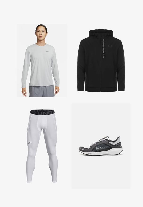 Black zip-up hooded jacket made of soft, lightweight material. Features reflective "UNDER ARMOUR" logo and a smooth texture.; Light gray long-sleeve shirt made from a smooth, lightweight fabric. Features a small black Nike logo on the upper left chest.; White athletic leggings featuring a fitted design, elastic waistband with black logo, and smooth texture. Suitable for activewear purposes.; Black and gray athletic shoe with a mesh upper, reflective accents, and a white midsole. Features textured rubber outsole and laces.