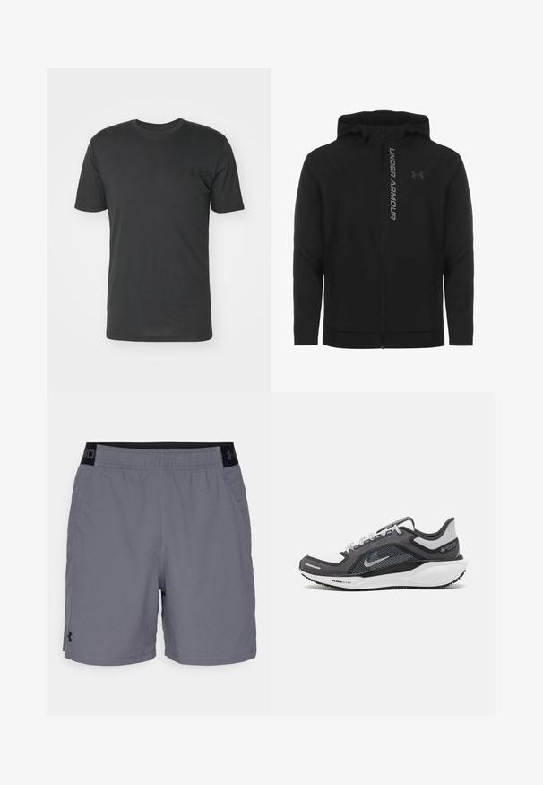 Juodas zip-up gobtuvu džemperis, pagamintas iš minkštos, lengvos medžiagos. Yra atspindintis "UNDER ARMOUR" logotipas ir glotni tekstūra.; Juodas trumpas rankovės marškinėliai, pagaminti iš medvilnės, su apvaliu iškirpimu ir mažu juodu logotipu kairėje krūtinės pusėje.; Pilki sportiniai šortai pagaminti iš lengvo audinio, su elastine juosta juodais akcentais ir šoninėmis kišenėmis. Paprastas dizainas be raštų.; Juodas ir pilkas sportinis batelis su tinkleliu viršuje, atspindinčiais akcentais ir balta vidurinė dalimi. Yra tekstūruota guminė išorinė pada ir raišteliai.