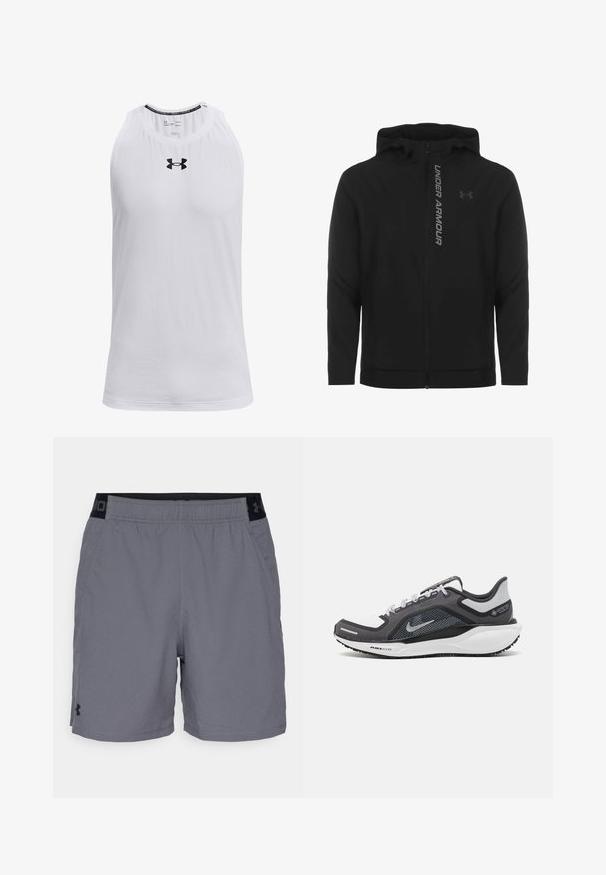 Must must erineva kapuutsiga jakk, mis on valmistatud pehmest ja kergest materjalist. Omab peegeldavat "UNDER ARMOUR" logo ja sujuvat tekstuuri.; Valge varrukateta t-särk pehmest kangast, ümmarguse kaelusega ja musta Under Armour logo rinnal.; Hallide hallid sportlikud lühikesed püksid kerge materjaliga, millel on elastne vöökohus mustade aktsentidega ja küljetaskud. Lihtne disain ilma mustriteta.; Mustern ja hallide värvusega spordijalats, millel on võrgusilmast ülemine osa, peegeldavad aktsendid ja valge vaheosa. Omab tekstuuriga kummist välisosa ja kingapaelu.