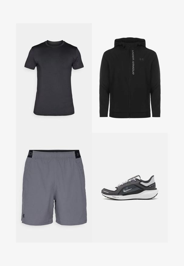 Juodas zip-up gobtuvu džemperis, pagamintas iš minkštos, lengvos medžiagos. Yra atspindintis "UNDER ARMOUR" logotipas ir glotni tekstūra.; Juoda trumpa rankovė T-koselė, pagaminta iš lygaus audinio. Klasikinis apykaklės dizainas su subtiliu logotipo akcentu kairėje rankovėje.; Pilki sportiniai šortai pagaminti iš lengvo audinio, su elastine juosta juodais akcentais ir šoninėmis kišenėmis. Paprastas dizainas be raštų.; Juodas ir pilkas sportinis batelis su tinkleliu viršuje, atspindinčiais akcentais ir balta vidurinė dalimi. Yra tekstūruota guminė išorinė pada ir raišteliai.