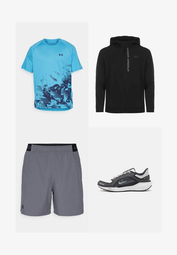 Melnā ar rāvējslēdzēju aizverama kapučjaka, kas izgatavota no mīksta, viegla materiāla. Tam ir atstarojošs "UNDER ARMOUR" logotips un gluda virsma.; Gaiši zila īsām piedurknēm sporta krekls ar tumši zilu abstraktu pikselētu rakstu apakšējā priekšpusē un Under Armour logotipu uz krūtīm.; Pelēki sporta šorti, izgatavoti no viegla auduma, ar elastīgu jostasvietu un melnu akcentu, kā arī sānu kabatām. Vienkāršs dizains bez rakstiem.; Melnas un pelēkas sporta kurpes ar tīklu augšdaļu, atstarojošiem akcentiem un baltu starpzoli. Aprīkotas ar teksturētu gumijas zoli un šņorēm.