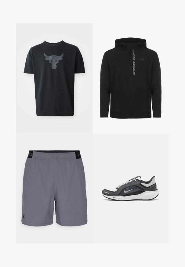 Must must erineva kapuutsiga jakk, mis on valmistatud pehmest ja kergest materjalist. Omab peegeldavat "UNDER ARMOUR" logo ja sujuvat tekstuuri.; Must t-särk lühikeste varrukatega, mis on valmistatud puuvillast, esipaneelil on tekstuuriga hall pulli logo. Ümar kaelus koos tugevdatud õmblustega.; Hallide hallid sportlikud lühikesed püksid kerge materjaliga, millel on elastne vöökohus mustade aktsentidega ja küljetaskud. Lihtne disain ilma mustriteta.; Mustern ja hallide värvusega spordijalats, millel on võrgusilmast ülemine osa, peegeldavad aktsendid ja valge vaheosa. Omab tekstuuriga kummist välisosa ja kingapaelu.