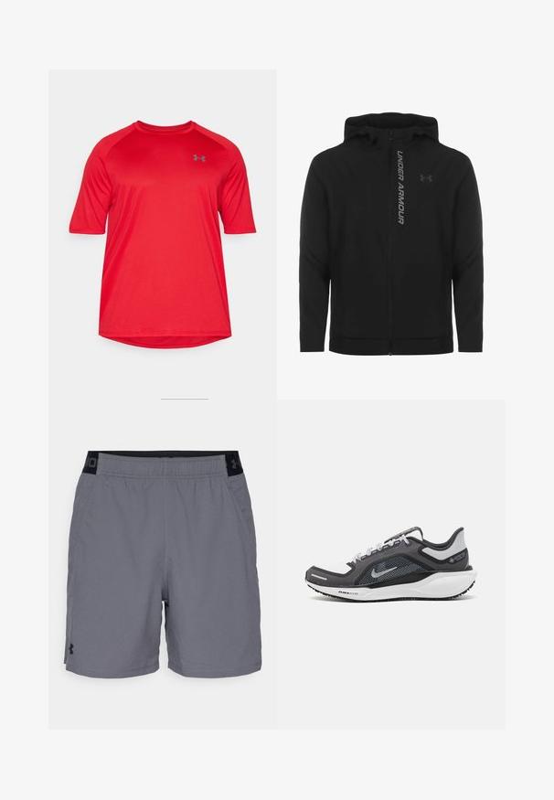 Giacca a zip nera con cappuccio realizzata in materiale morbido e leggero. Presenta il logo riflettente "UNDER ARMOUR" e una texture liscia.; Maglietta atletica rossa a maniche corte con maniche raglan. Realizzata in tessuto traspirante, presenta un logo grigio discreto sul petto.; Pantaloni sportivi grigi realizzati in tessuto leggero, con un elastico in vita con accenti neri e tasche laterali. Design semplice senza pattern.; Scarpa da ginnastica nera e grigia con tomaia in rete, dettagli riflettenti e intersuola bianca. Presenta una suola in gomma testurizzata e lacci.