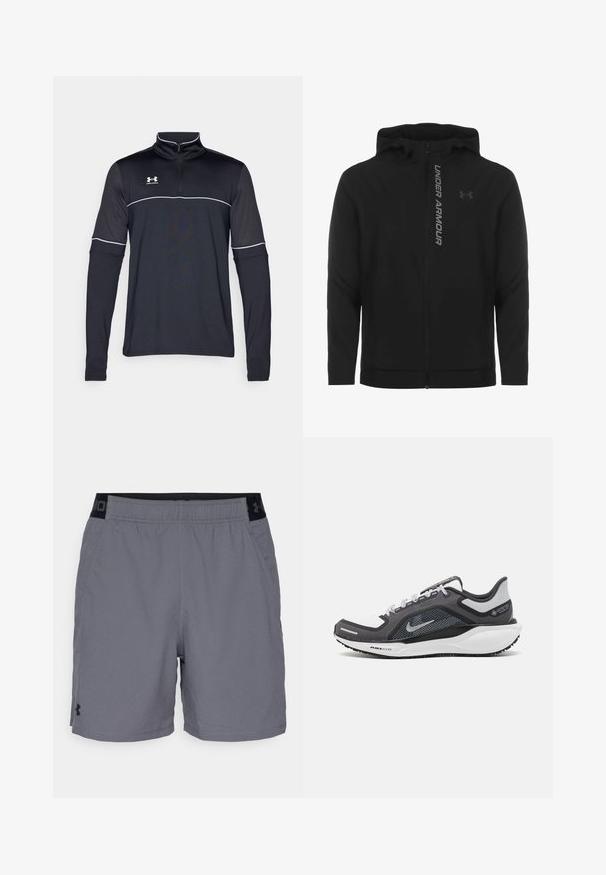 Črna zip-up kapuca izdelana iz mehkega, lahkotnega materiala. Ima odsevni logo "UNDER ARMOUR" in gladko teksturo.; Črno dolgi rokav juha s četrt zadrgo in belimi poudarki ter logotipom Under Armour na zgornjem levem prsnem delu, izdelana iz gladkega, elastičnega materiala.; Sive kratke športne hlače iz lahkega blaga, z elastičnim pasom z črnimi akcenti in stranskimi žepi. Preprost oblikovanje brez vzorcev.; Črne in sive atletske čevlje z mrežasto zgornjim delom, odsevnimi detajli in belim srednjim podplatom. Imajo strukturiran gumijast podplat in vezalke.