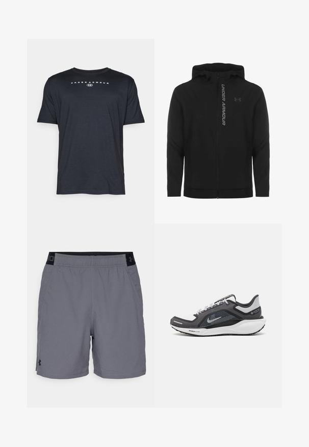 Schwarze, leichte Kapuzenjacke mit Reißverschluss aus weichem Material. Ausgestattet mit reflektierendem "UNDER ARMOUR"-Logo und einer glatten Struktur.; Schwarzes T-Shirt mit kurzen Ärmeln aus weichem Stoff, mit dem weißen "Under Armour"-Logo auf der Brust. Einfacher Rundhalsausschnitt und lockere Passform.; Graue Sportshorts aus leichtem Material, mit einem elastischen Bund und schwarzen Akzenten sowie seitlichen Taschen. Einfaches Design ohne Muster.; Schwarzer und grauer Sportschuh mit einem Mesh-Obermaterial, reflektierenden Akzenten und einer weißen Zwischensohle. Verfügt über eine strukturierte Gummisohle und Schnürsenkel.