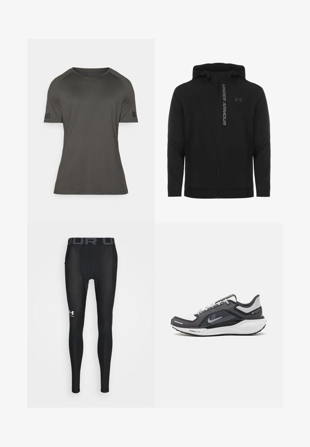 Black zip-up hooded jacket made of soft, lightweight material. Features reflective "UNDER ARMOUR" logo and a smooth texture.; Dark gray athletic t-shirt with short sleeves, crew neckline, smooth fabric, and logo detail on the left sleeve. Lightweight and fitted design.; Black compression leggings made of smooth, flexible material featuring a wide elastic waistband with "UNDER ARMOUR" logo in gray and stylized logo on the lower leg.; Black and gray athletic shoe with a mesh upper, reflective accents, and a white midsole. Features textured rubber outsole and laces.