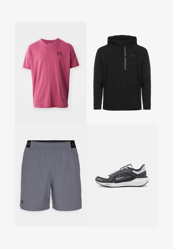 Černá zipová mikina s kapucí vyrobená z měkkého, lehkého materiálu. Obsahuje odrazový logo "UNDER ARMOUR" a hladkou texturu.; Krátký rukáv tričko světle růžové barvy z bavlny, s černým logem Under Armour na levé hrudi. Kulatý výstřih a hladká textura.; Šedé sportovní šortky vyrobené z lehkého materiálu, s elastickým pasem a černými akcenty a bočními kapsami. Jednoduchý design bez vzorů.; Černá a šedá sportovní obuv s vrškem z prodyšné síťoviny, reflexními akcenty a bílou mezipodešví. Obsahuje texturovanou gumovou podrážku a tkaničky.