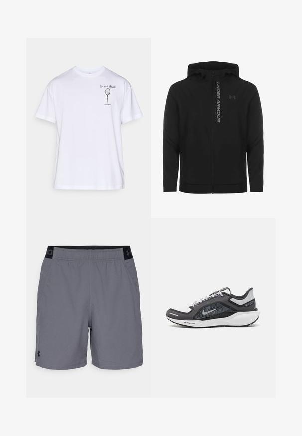 Črna zip-up kapuca izdelana iz mehkega, lahkotnega materiala. Ima odsevni logo "UNDER ARMOUR" in gladko teksturo.; Bela bomba majica s kratkimi rokavi, ki ima natisnjen grafični motiv teniškega reketa in besedilo "Grand Slam Björn Borg" na levem prsnem delu.; Sive kratke športne hlače iz lahkega blaga, z elastičnim pasom z črnimi akcenti in stranskimi žepi. Preprost oblikovanje brez vzorcev.; Črne in sive atletske čevlje z mrežasto zgornjim delom, odsevnimi detajli in belim srednjim podplatom. Imajo strukturiran gumijast podplat in vezalke.