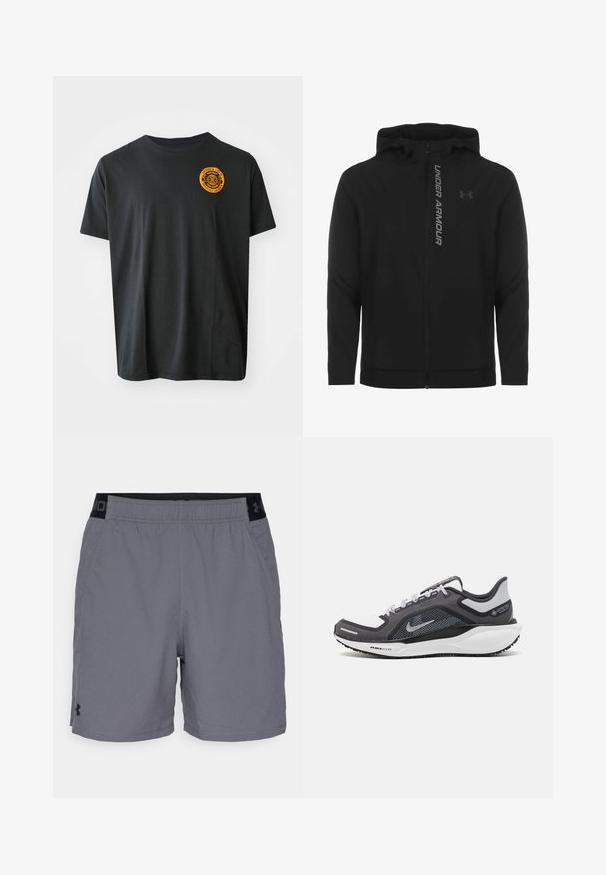 Juodas zip-up gobtuvu džemperis, pagamintas iš minkštos, lengvos medžiagos. Yra atspindintis "UNDER ARMOUR" logotipas ir glotni tekstūra.; Juodas medvilnės marškinėliai trumpomis rankovėmis, apvalios kaklo iškirpės, su oranžiniu apvaliu logotipu viršutiniame kairiajame kampe. Lygus paviršius.; Pilki sportiniai šortai pagaminti iš lengvo audinio, su elastine juosta juodais akcentais ir šoninėmis kišenėmis. Paprastas dizainas be raštų.; Juodas ir pilkas sportinis batelis su tinkleliu viršuje, atspindinčiais akcentais ir balta vidurinė dalimi. Yra tekstūruota guminė išorinė pada ir raišteliai.