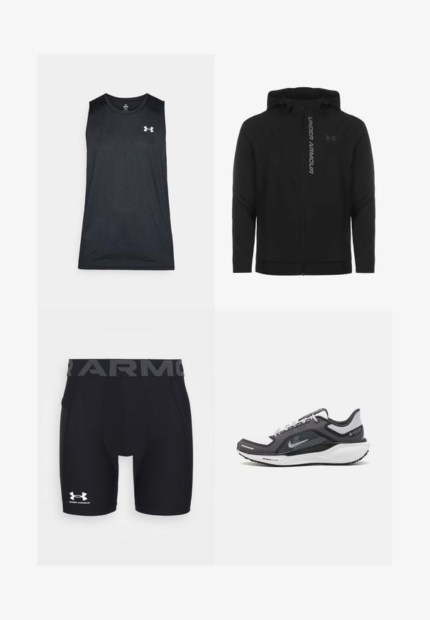 Zwart zip-up hooded jack gemaakt van zacht, lichtgewicht materiaal. Voorzien van een reflecterende "UNDER ARMOUR"-logo en een gladde textuur.; Zwarte sporttanktop met een ronde halslijn, mouwloos ontwerp en een contrasterend wit logo op de linkerbovenborst. Glad weefsel.; Zwarte atletische compressiekorte broeken met een nauwsluitend ontwerp, elastische tailleband met "ARMOUR" in grijs en een wit Under Armour-logo.; Zwarte en grijze sportschoen met een bovenwerk van mesh, reflecterende accenten en een witte tussenzool. Beschikt over een gestructureerde rubberen zool en veters.