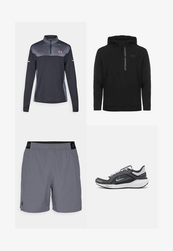 Čierna zipsová mikina s kapucňou vyrobená z jemného, ľahkého materiálu. Obsahuje reflexné logo "UNDER ARMOUR" a hladký povrch.; Čierny pulóver s dlhým rukávom a štvrtinovým zipsom, s gradient šedou na hrudi, ružovým logom a reflexnými detailmi na rukávoch.; Šedé športovéšortky vyrobené z ľahkého materiálu, s elastickým pásom s čiernymi akcentmi a bočnými vreckami. Jednoduchý dizajn bez vzorov.; Čierna a sivá športová obuv s vrchnou časťou z priedušného materiálu, reflexné akcenty a biely medzipodrážka. Obsahuje štruktúrovanú gumovú podrážku a šnúrky.