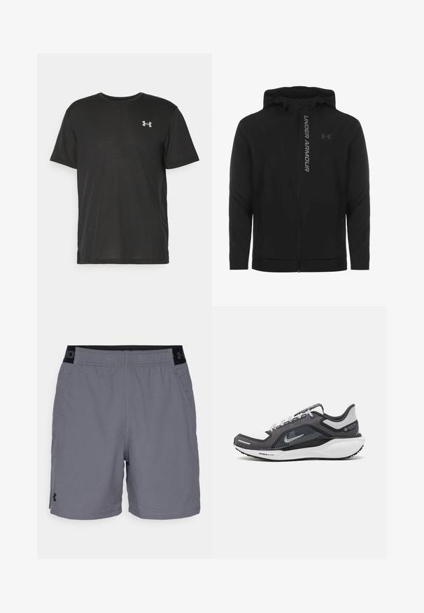 Melnā ar rāvējslēdzēju aizverama kapučjaka, kas izgatavota no mīksta, viegla materiāla. Tam ir atstarojošs "UNDER ARMOUR" logotips un gluda virsma.; Melnas īsa piedurkņu T-krekliņš, izgatavots no gludas auduma, ar apaļu kakla izgriezumu un mazu pelēku logotipu kreisajā augšējā malā.; Pelēki sporta šorti, izgatavoti no viegla auduma, ar elastīgu jostasvietu un melnu akcentu, kā arī sānu kabatām. Vienkāršs dizains bez rakstiem.; Melnas un pelēkas sporta kurpes ar tīklu augšdaļu, atstarojošiem akcentiem un baltu starpzoli. Aprīkotas ar teksturētu gumijas zoli un šņorēm.