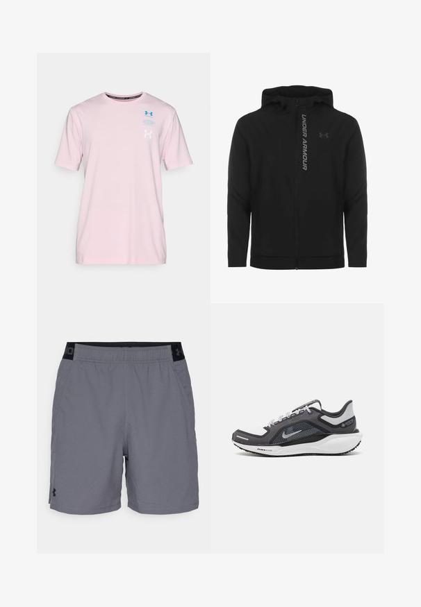 Must must erineva kapuutsiga jakk, mis on valmistatud pehmest ja kergest materjalist. Omab peegeldavat "UNDER ARMOUR" logo ja sujuvat tekstuuri.; Under Armour EVOL LOGO - Trükipildiga T-särk - prime pink/ether blue/white; Hallide hallid sportlikud lühikesed püksid kerge materjaliga, millel on elastne vöökohus mustade aktsentidega ja küljetaskud. Lihtne disain ilma mustriteta.; Mustern ja hallide värvusega spordijalats, millel on võrgusilmast ülemine osa, peegeldavad aktsendid ja valge vaheosa. Omab tekstuuriga kummist välisosa ja kingapaelu.