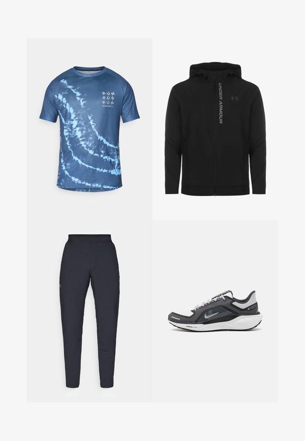 Musta vetoketjulla varustettu huppari, joka on valmistettu pehmeästä ja kevyestä materiaalista. Varustettu heijastavalla "UNDER ARMOUR" -logolla ja sileällä pinnalla.; Sininen tikkari-tyylinen lyhythihainen t-paita, joka on valmistettu kevyestä kankaasta. Ominaisuuksiin kuuluu spiraalimainen kuvio ja "RUN"-teksti valkoisena edessä.; Mustat urheiluhousut, joissa on sileä pinta, kapea malli, joustava vyötäkuja ja sivutaskut. Vasemmassa reisissä on pieni logo.; Musta ja harmaa urheilukenka, jossa on verkkopäällinen, heijastavat yksityiskohdat ja valkoinen välipohja. Varustettu kuvioidulla kumipohjalla ja nauhoilla.