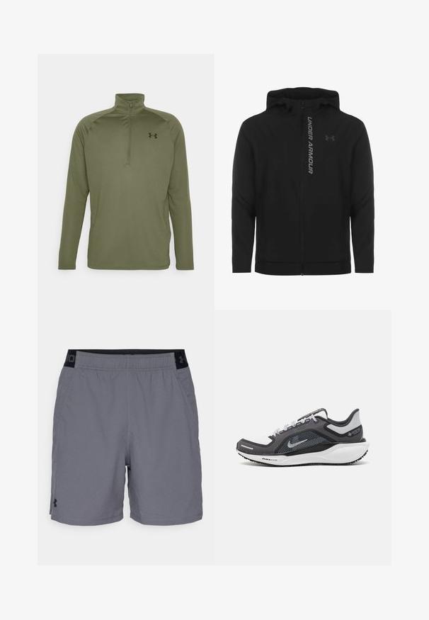 Melnā ar rāvējslēdzēju aizverama kapučjaka, kas izgatavota no mīksta, viegla materiāla. Tam ir atstarojošs "UNDER ARMOUR" logotips un gluda virsma.; Izmēra krekls ar garām piedurknēm, olīvzaļā krāsā, izgatavots no gluda, elastīga auduma. Ar augstu apkakli un nelielu melnu logotipu uz krūtīm.; Pelēki sporta šorti, izgatavoti no viegla auduma, ar elastīgu jostasvietu un melnu akcentu, kā arī sānu kabatām. Vienkāršs dizains bez rakstiem.; Melnas un pelēkas sporta kurpes ar tīklu augšdaļu, atstarojošiem akcentiem un baltu starpzoli. Aprīkotas ar teksturētu gumijas zoli un šņorēm.
