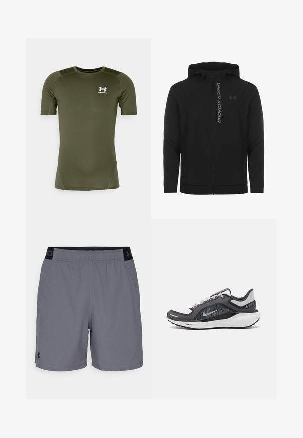 Černá zipová mikina s kapucí vyrobená z měkkého, lehkého materiálu. Obsahuje odrazový logo "UNDER ARMOUR" a hladkou texturu.; Olivově zelené sportovní tričko s krátkým rukávem vyrobené z hladkého, elastického materiálu. Obsahuje bílé logo Under Armour na hrudi a ploché švy.; Šedé sportovní šortky vyrobené z lehkého materiálu, s elastickým pasem a černými akcenty a bočními kapsami. Jednoduchý design bez vzorů.; Černá a šedá sportovní obuv s vrškem z prodyšné síťoviny, reflexními akcenty a bílou mezipodešví. Obsahuje texturovanou gumovou podrážku a tkaničky.