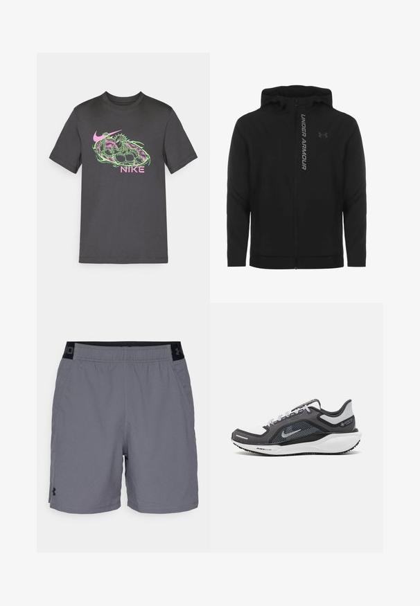 Sort lynlås hættejakke lavet af blødt, letvægtsmateriale. Har et reflekterende "UNDER ARMOUR"-logo og en glat overflade.; Mørkegrå bomulds t-shirt med et livligt pink og grønt grafisk design, der inkluderer Nike-logoet og en detaljeret illustration.; Grå atletikshorts i letvægtsstof med elastisk talje og sorte detaljer samt sidelommer. Enkelt design uden mønstre.; Sort og grå atletisk sko med en mesh-overdel, reflekterende detaljer og en hvid mellemsål. Har en tekstureret gummisål og snørebånd.