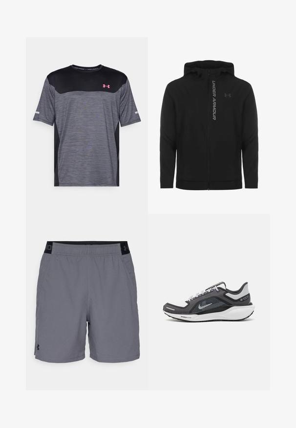 Musta vetoketjulla varustettu huppari, joka on valmistettu pehmeästä ja kevyestä materiaalista. Varustettu heijastavalla "UNDER ARMOUR" -logolla ja sileällä pinnalla.; Harmaa ja musta lyhythihainen urheilupaita, jossa on teksturoitu kuosi, pyöreä pääntie ja pinkki Under Armour -logo rinnassa.; Harmaat urheilu shortsit kevyestä kankaasta, joissa on joustava vyötärö mustilla yksityiskohdilla ja sivutaskut. Yksinkertainen muotoilu ilman kuvioita.; Musta ja harmaa urheilukenka, jossa on verkkopäällinen, heijastavat yksityiskohdat ja valkoinen välipohja. Varustettu kuvioidulla kumipohjalla ja nauhoilla.