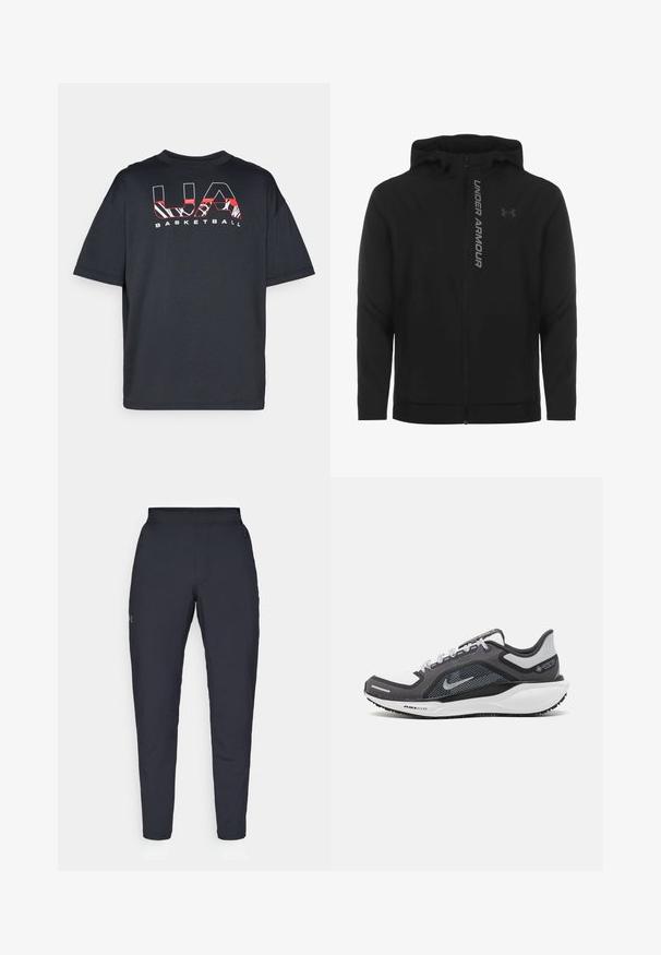 Must must erineva kapuutsiga jakk, mis on valmistatud pehmest ja kergest materjalist. Omab peegeldavat "UNDER ARMOUR" logo ja sujuvat tekstuuri.; Musthave tume lühikeste varrukatega must t-särk, millel on vabalt rippuv lõige ja ees punase ja valge graafikatext "UA BASKETBALL". Pehme kangastekstuuri.; Mustad mustreid spordipüksid, millel on sile tekstuur, kitsas lõige, elastne vöökoht ja küljetaskud. Vasakule reiele on tikandatud väike logo.; Mustern ja hallide värvusega spordijalats, millel on võrgusilmast ülemine osa, peegeldavad aktsendid ja valge vaheosa. Omab tekstuuriga kummist välisosa ja kingapaelu.