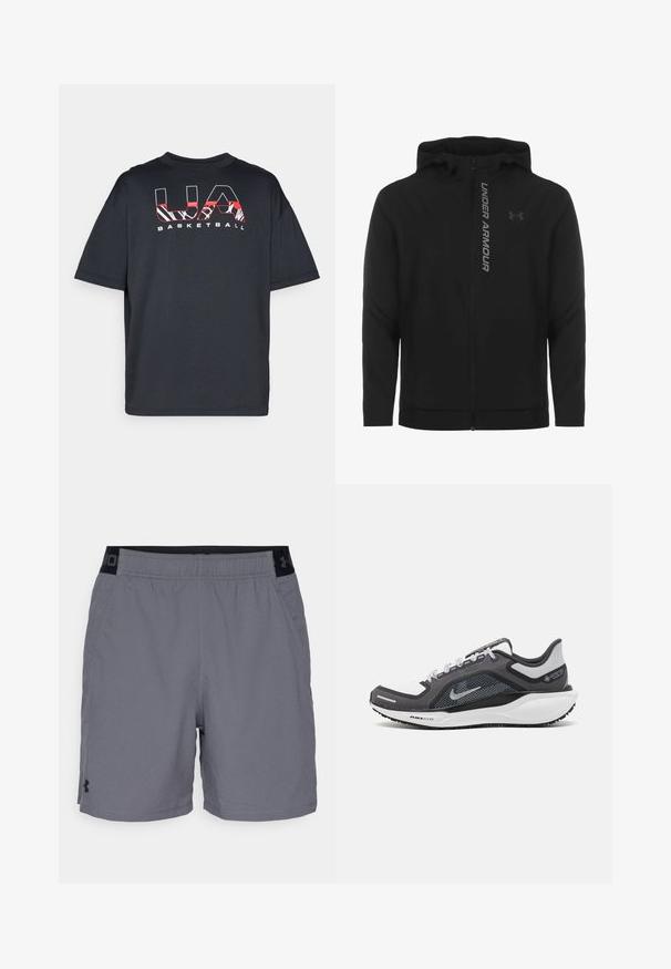 Must must erineva kapuutsiga jakk, mis on valmistatud pehmest ja kergest materjalist. Omab peegeldavat "UNDER ARMOUR" logo ja sujuvat tekstuuri.; Musthave tume lühikeste varrukatega must t-särk, millel on vabalt rippuv lõige ja ees punase ja valge graafikatext "UA BASKETBALL". Pehme kangastekstuuri.; Hallide hallid sportlikud lühikesed püksid kerge materjaliga, millel on elastne vöökohus mustade aktsentidega ja küljetaskud. Lihtne disain ilma mustriteta.; Mustern ja hallide värvusega spordijalats, millel on võrgusilmast ülemine osa, peegeldavad aktsendid ja valge vaheosa. Omab tekstuuriga kummist välisosa ja kingapaelu.