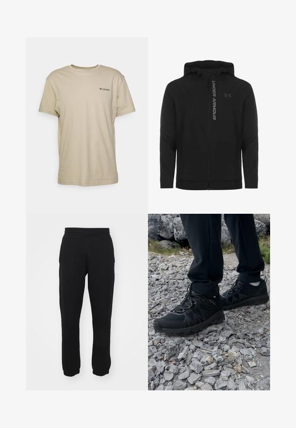 Giacca a zip nera con cappuccio realizzata in materiale morbido e leggero. Presenta il logo riflettente "UNDER ARMOUR" e una texture liscia.; T-shirt in cotone beige con maniche corte, collo rotondo e un piccolo logo nero sul lato sinistro del petto. Texture liscia, design casual.; Pantaloni della tuta neri realizzati in misto cotone, con vita elastica, gambe affusolate e polsini a coste alle caviglie. Design semplice, senza motivi.; Scarpe da esterni nere realizzate in mesh e materiale sintetico, con una parte superiore testurizzata, un sistema di allacciatura sicuro e una suola robusta, su terreno roccioso.
