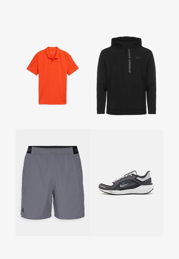 Čierna zipsová mikina s kapucňou vyrobená z jemného, ľahkého materiálu. Obsahuje reflexné logo "UNDER ARMOUR" a hladký povrch.; Poloko tričko s krátkym rukávom v jasne oranžovej farbe, s golierom, zapínaním na tri gombíky a jemným logom na hrudi. Mäkká, textúrovaná látka.; Šedé športovéšortky vyrobené z ľahkého materiálu, s elastickým pásom s čiernymi akcentmi a bočnými vreckami. Jednoduchý dizajn bez vzorov.; Čierna a sivá športová obuv s vrchnou časťou z priedušného materiálu, reflexné akcenty a biely medzipodrážka. Obsahuje štruktúrovanú gumovú podrážku a šnúrky.