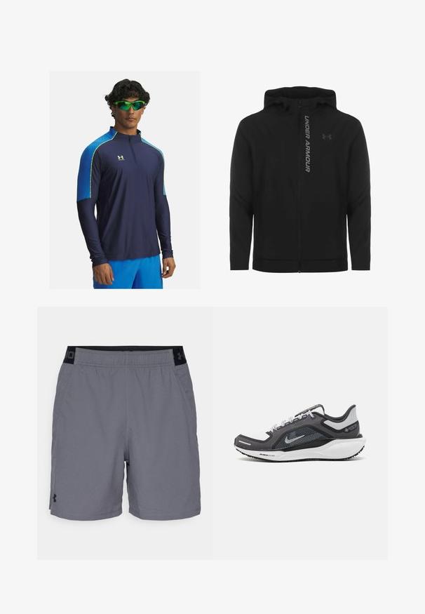 Čierna zipsová mikina s kapucňou vyrobená z jemného, ľahkého materiálu. Obsahuje reflexné logo "UNDER ARMOUR" a hladký povrch.; Námornícky športový top s dlhým rukávom a vysokým golierom, so svetlomodrými akcentmi na pleciach a neonovo žltými švami. Materiál odvádzajúci vlhkosť, priliehavý strih.; Šedé športovéšortky vyrobené z ľahkého materiálu, s elastickým pásom s čiernymi akcentmi a bočnými vreckami. Jednoduchý dizajn bez vzorov.; Čierna a sivá športová obuv s vrchnou časťou z priedušného materiálu, reflexné akcenty a biely medzipodrážka. Obsahuje štruktúrovanú gumovú podrážku a šnúrky.
