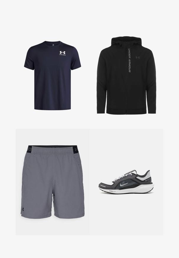 Juodas zip-up gobtuvu džemperis, pagamintas iš minkštos, lengvos medžiagos. Yra atspindintis "UNDER ARMOUR" logotipas ir glotni tekstūra.; Tamsiai mėlyna trumpomis rankovėmis marškinėliai, pagaminti iš lengvos medžiagos, su apvaliu kaklu ir maža balta "Under Armour" ženklu ant krūtinės.; Pilki sportiniai šortai pagaminti iš lengvo audinio, su elastine juosta juodais akcentais ir šoninėmis kišenėmis. Paprastas dizainas be raštų.; Juodas ir pilkas sportinis batelis su tinkleliu viršuje, atspindinčiais akcentais ir balta vidurinė dalimi. Yra tekstūruota guminė išorinė pada ir raišteliai.