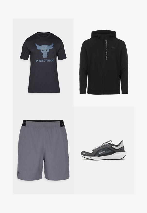 Melnā ar rāvējslēdzēju aizverama kapučjaka, kas izgatavota no mīksta, viegla materiāla. Tam ir atstarojošs "UNDER ARMOUR" logotips un gluda virsma.; Under Armour BRAHMA BULL - Apdrukāts T-krekls - black/downpour gray; Pelēki sporta šorti, izgatavoti no viegla auduma, ar elastīgu jostasvietu un melnu akcentu, kā arī sānu kabatām. Vienkāršs dizains bez rakstiem.; Melnas un pelēkas sporta kurpes ar tīklu augšdaļu, atstarojošiem akcentiem un baltu starpzoli. Aprīkotas ar teksturētu gumijas zoli un šņorēm.